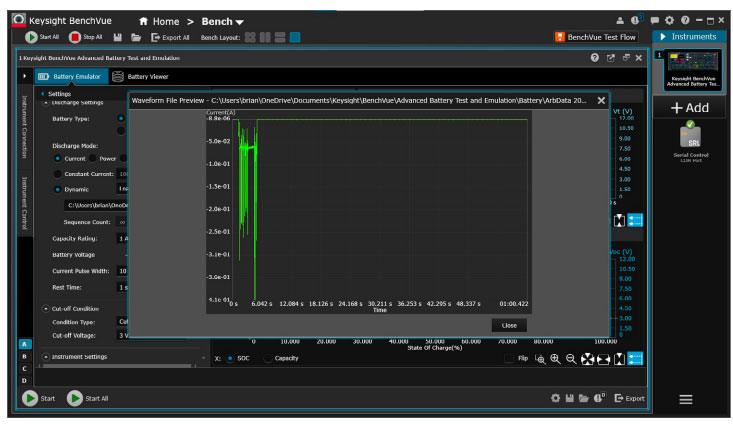 Device current consumption waveform loaded into Keysight BV9210B/11B PathWave BenchVue advanced battery test and emulation software